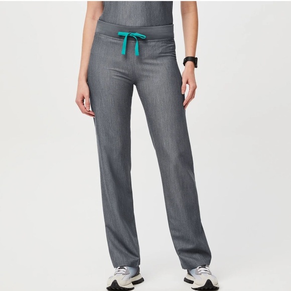 Figs Gray Straight Leg Women's Pants with Teal Drawstring - Picture 11 of 11
